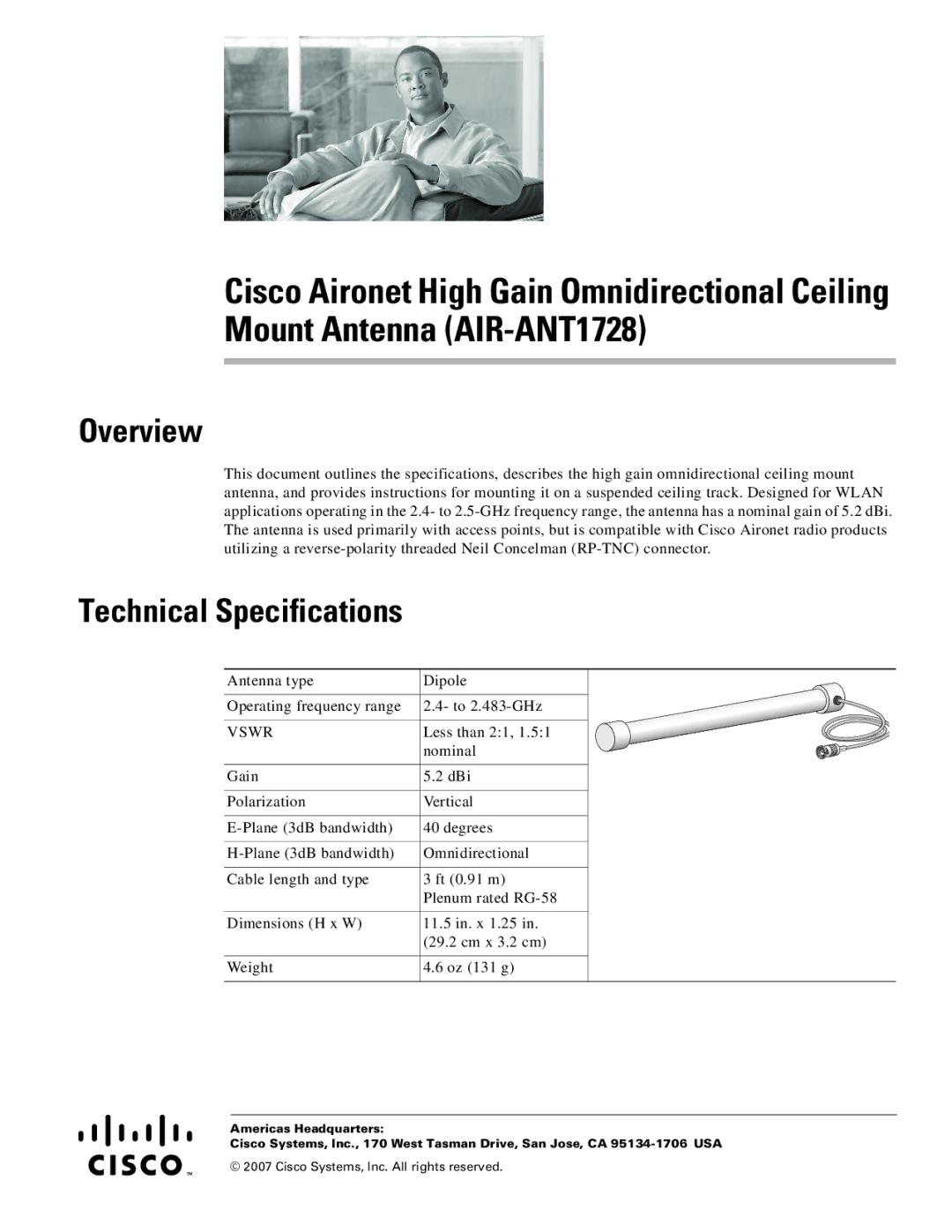 Cisco Systems AIR-ANT1728 technical specifications Overview, Technical Specifications 