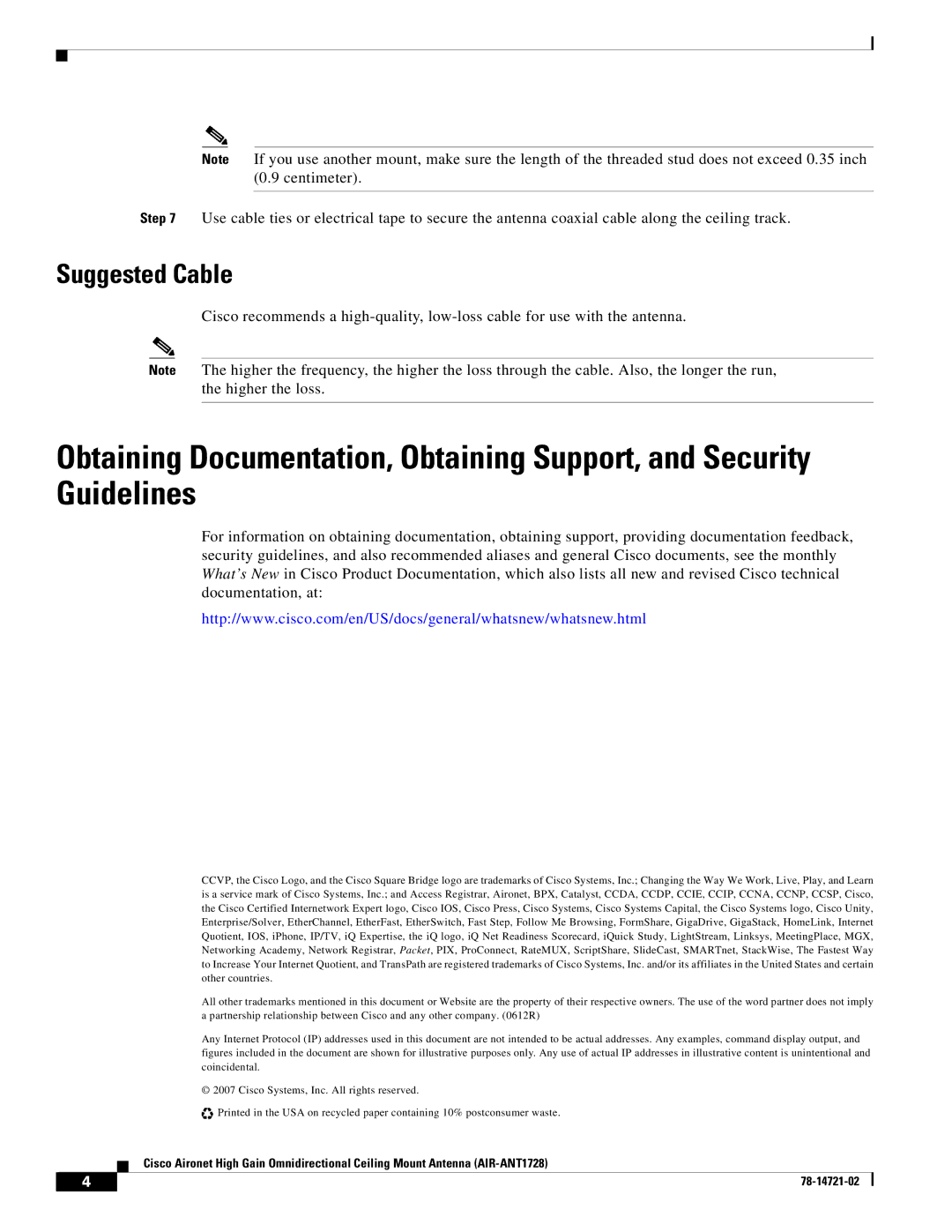 Cisco Systems AIR-ANT1728 technical specifications Suggested Cable 