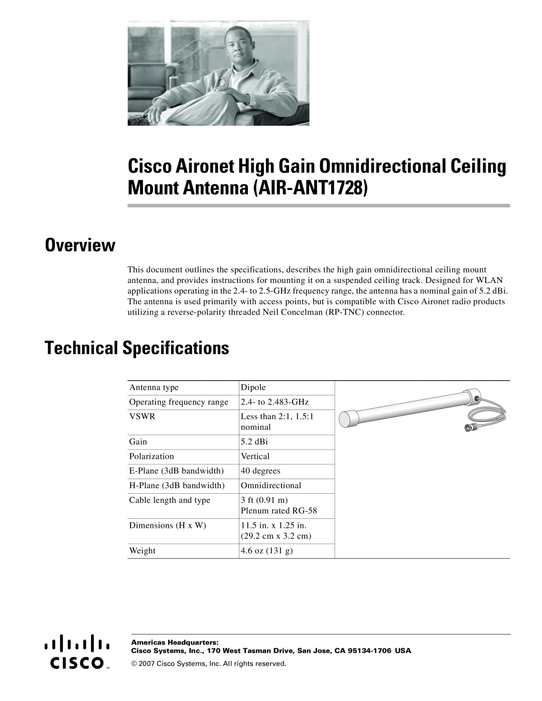 Cisco Systems AIR-ANT1728 technical specifications Overview, Technical Specifications 