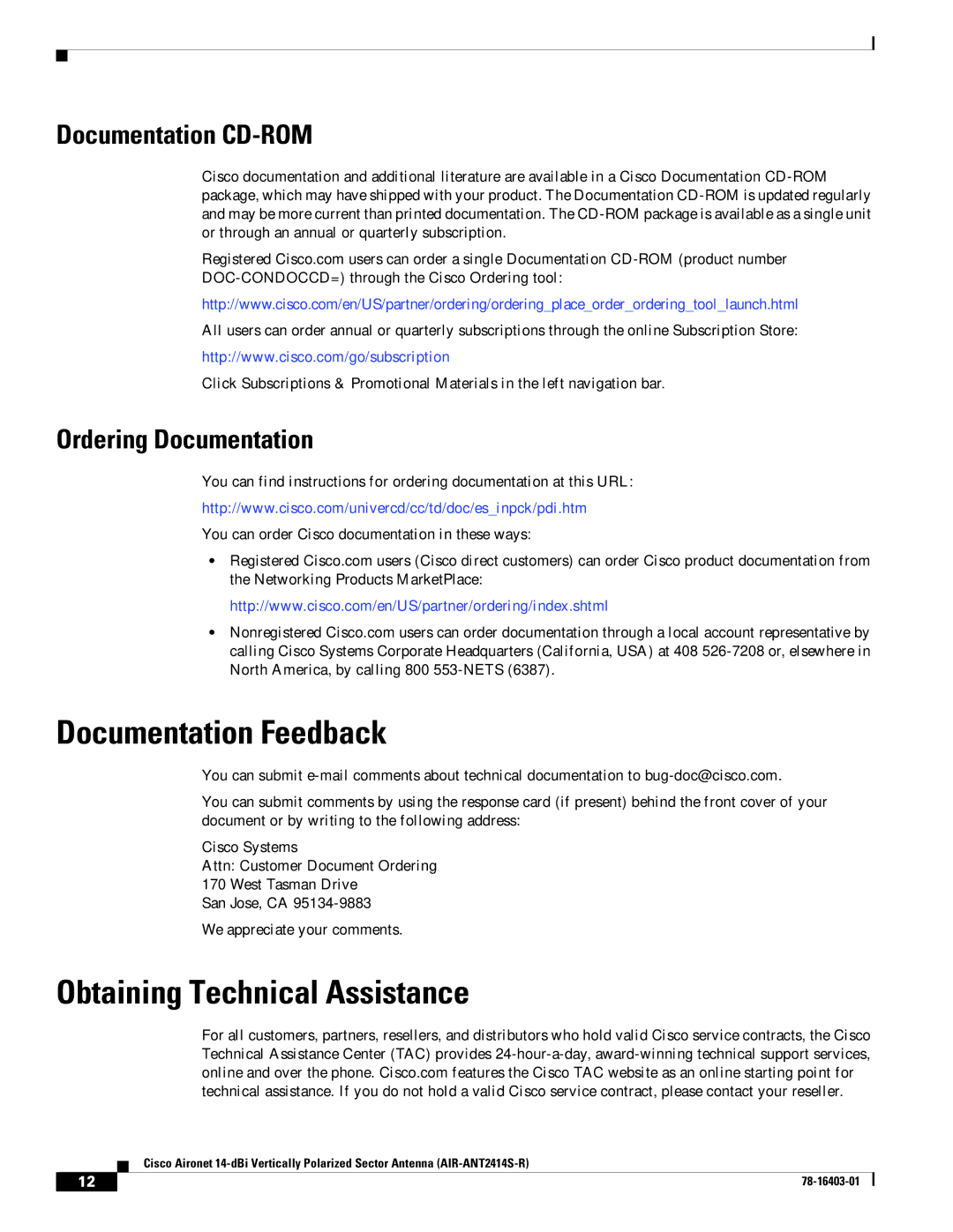 Cisco Systems AIR-ANT2414S-R specifications Documentation Feedback, Obtaining Technical Assistance, Documentation CD-ROM 