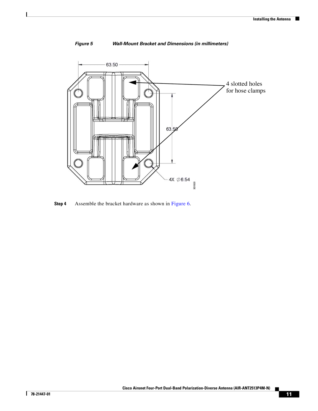 Cisco Systems AIR-ANT2513P4M-N Slotted holes for hose clamps, Wall-Mount Bracket and Dimensions in millimeters 