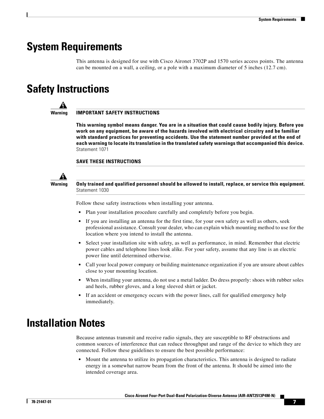 Cisco Systems AIR-ANT2513P4M-N specifications System Requirements, Safety Instructions, Installation Notes 