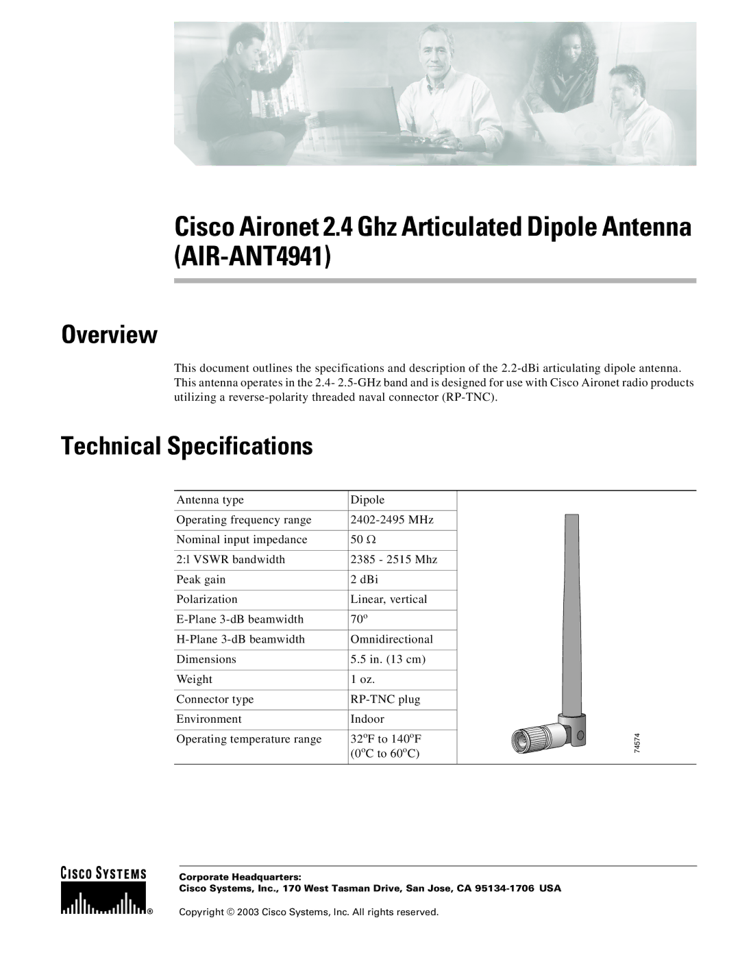 Cisco Systems AIR-ANT4941 technical specifications Overview, Technical Specifications 