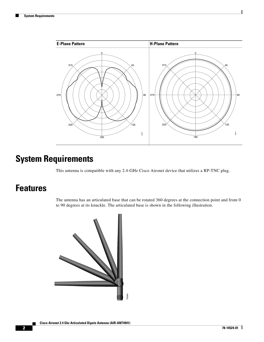 Cisco Systems AIR-ANT4941 technical specifications System Requirements, Features 