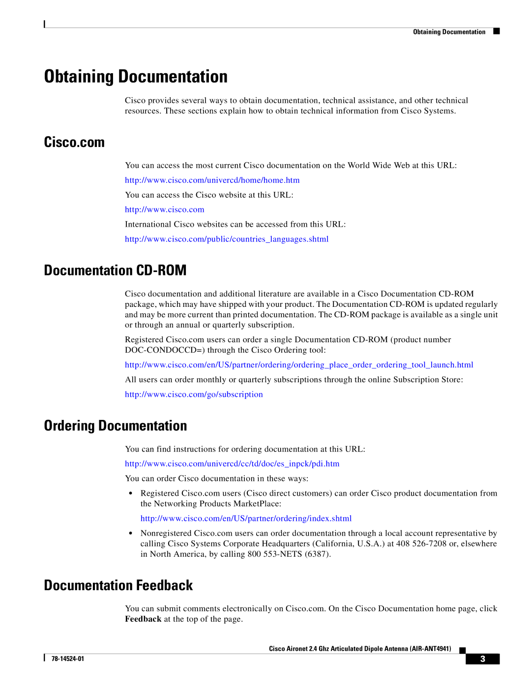 Cisco Systems AIR-ANT4941 Obtaining Documentation, Cisco.com, Documentation CD-ROM, Ordering Documentation 