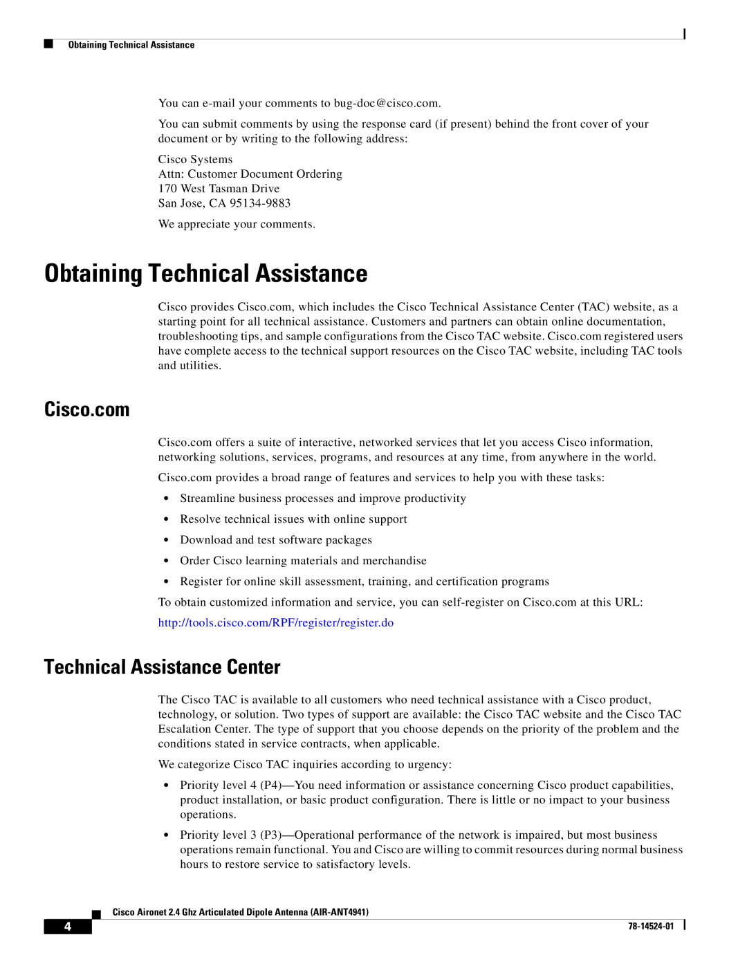 Cisco Systems AIR-ANT4941 technical specifications Obtaining Technical Assistance, Technical Assistance Center 