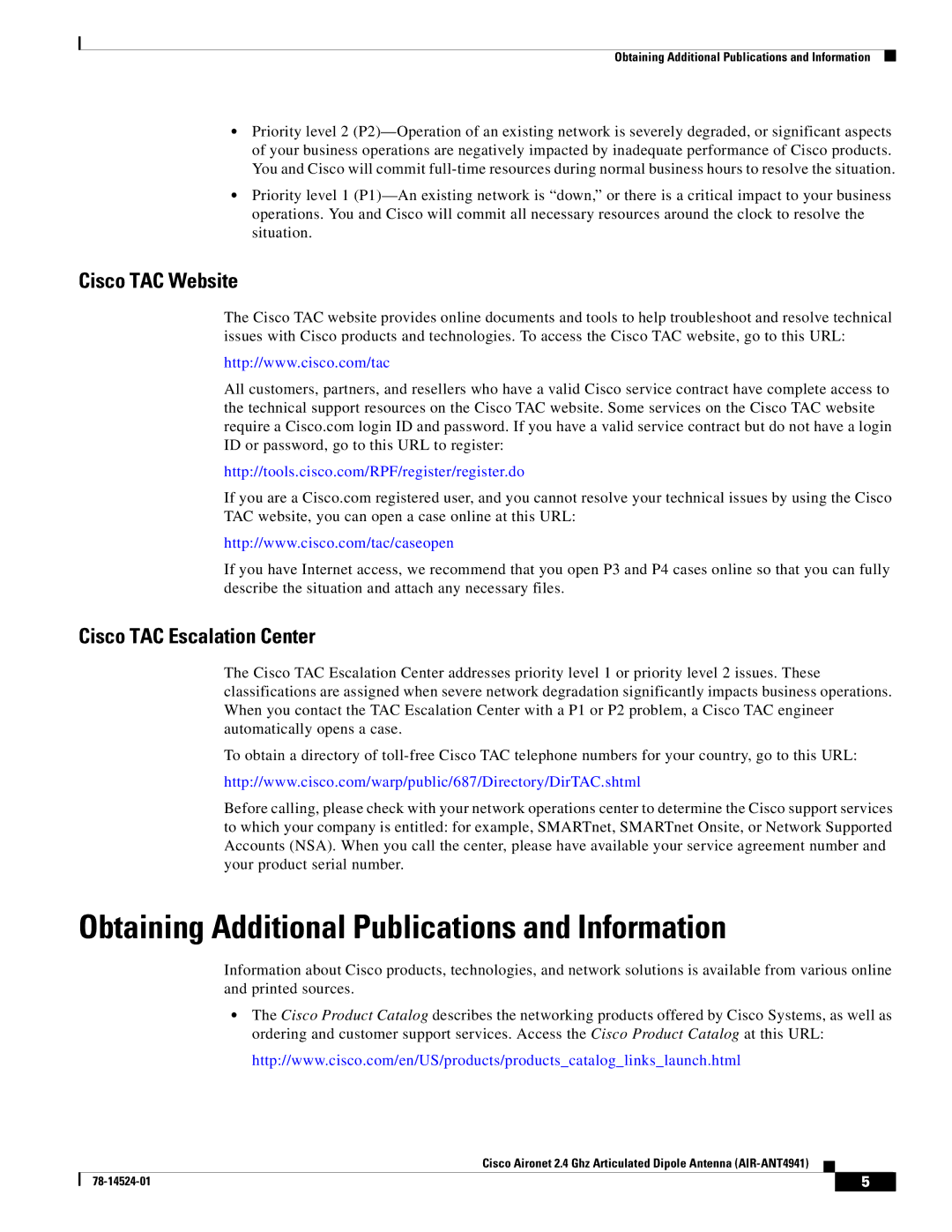 Cisco Systems AIR-ANT4941 technical specifications Obtaining Additional Publications and Information, Cisco TAC Website 