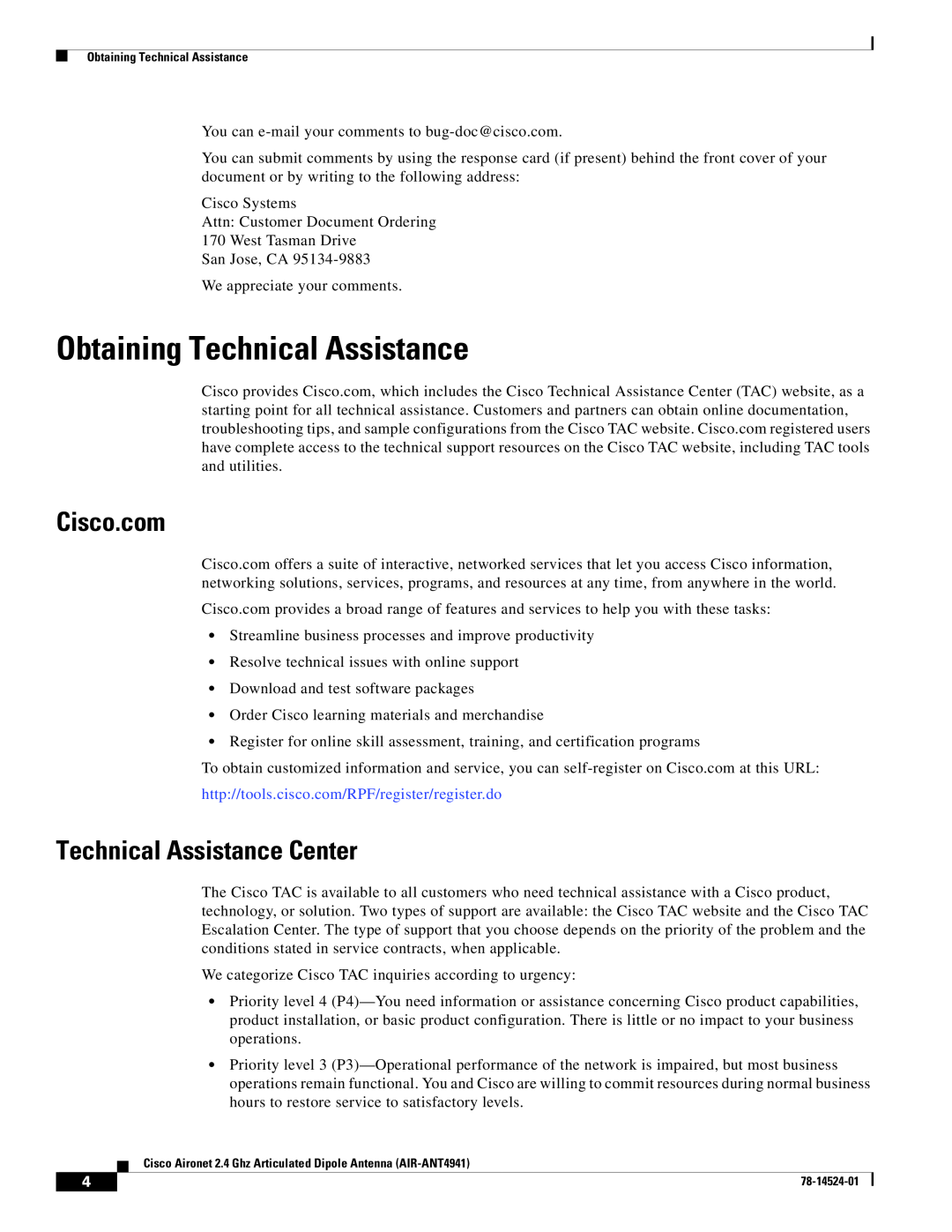 Cisco Systems AIR-ANT4941 technical specifications Obtaining Technical Assistance, Technical Assistance Center 