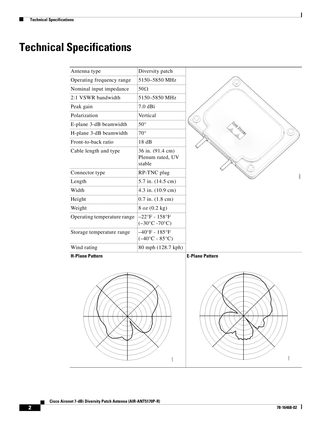 Cisco Systems AIR-ANT5170P-R specifications Technical Specifications 