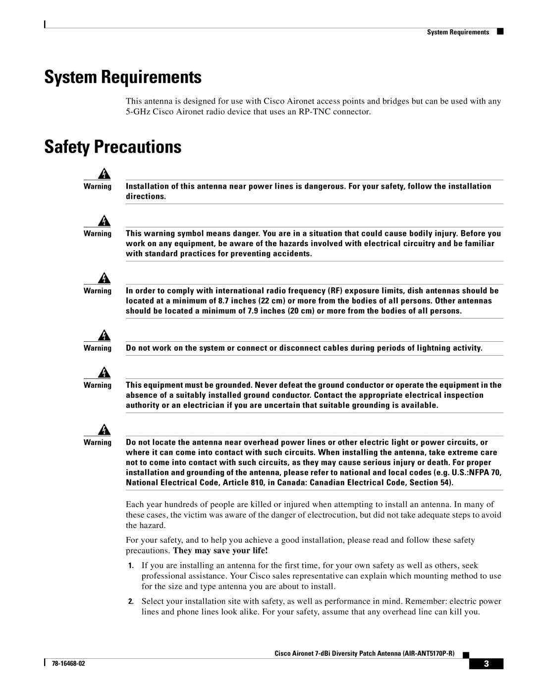 Cisco Systems AIR-ANT5170P-R specifications System Requirements, Safety Precautions 