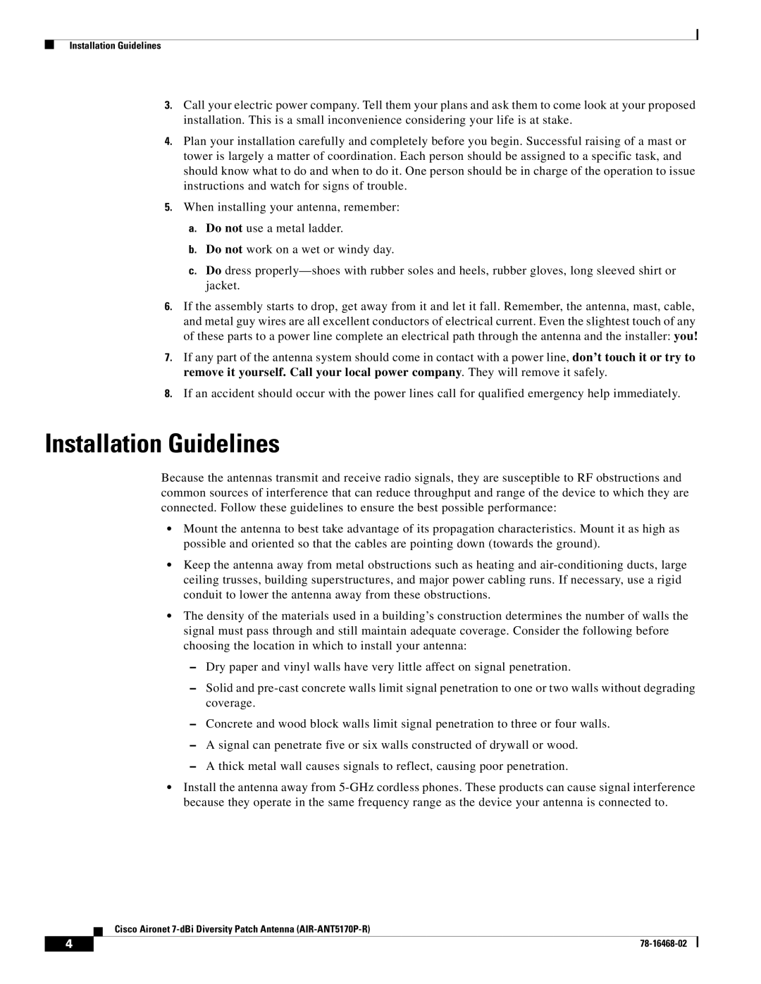 Cisco Systems AIR-ANT5170P-R specifications Installation Guidelines 