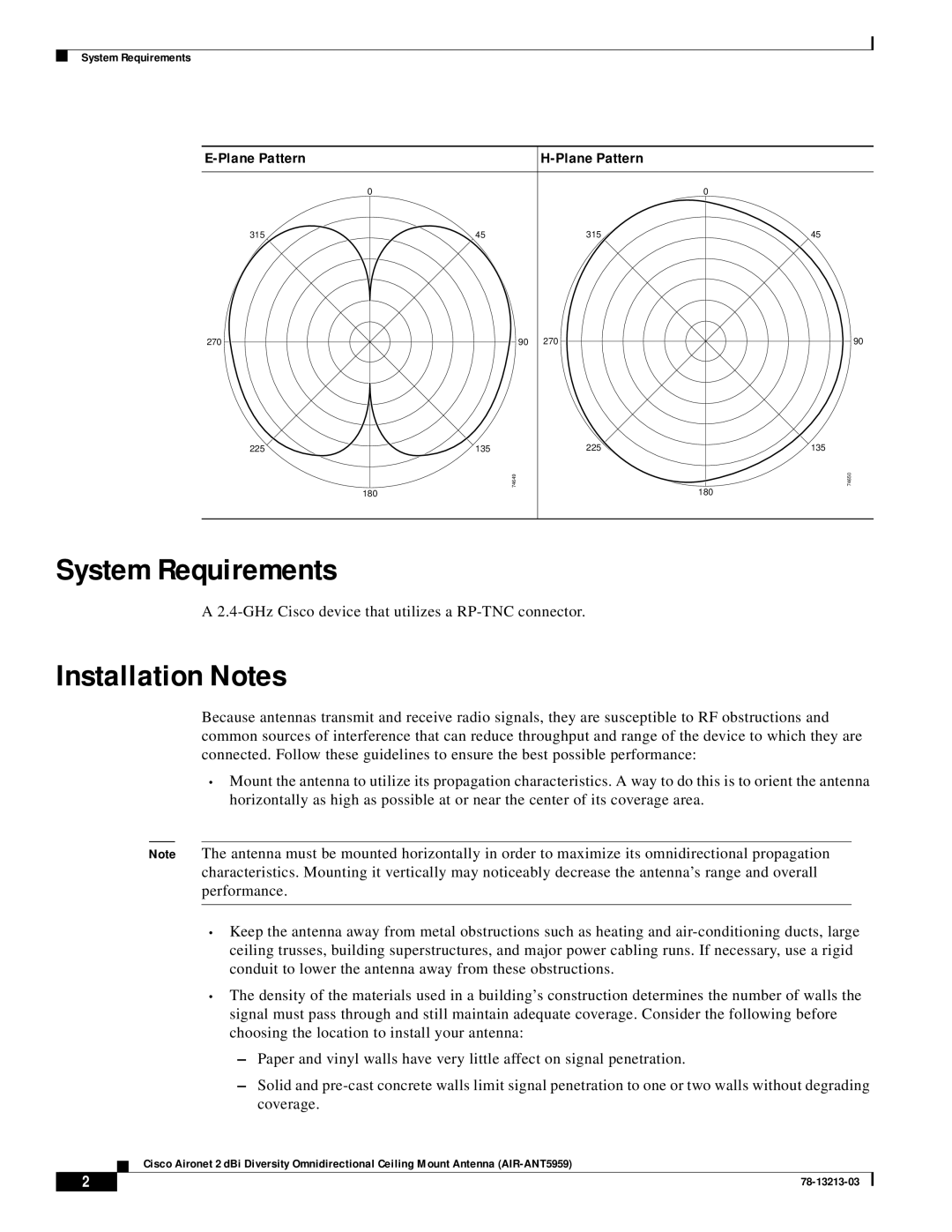 Cisco Systems AIR-ANT5959 technical specifications System Requirements, Installation Notes 