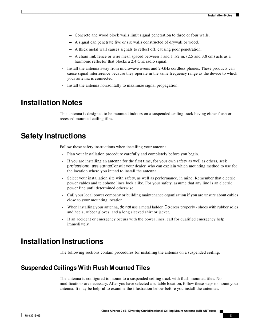 Cisco Systems AIR-ANT5959 Safety Instructions, Installation Instructions, Suspended Ceilings With Flush Mounted Tiles 