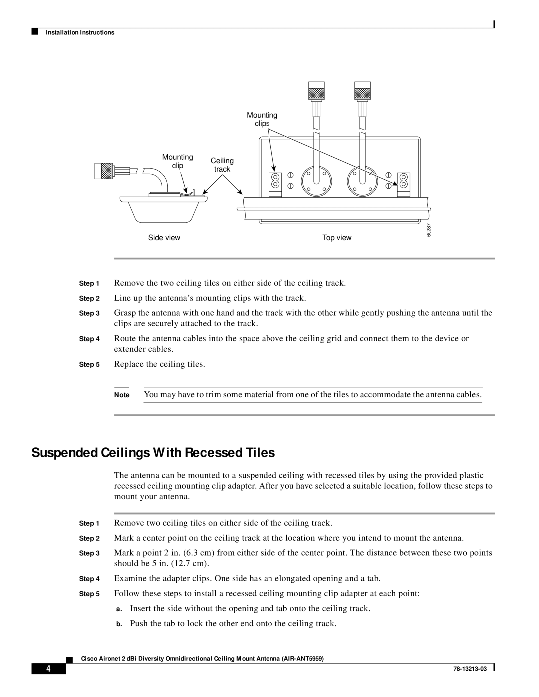 Cisco Systems AIR-ANT5959 technical specifications Suspended Ceilings With Recessed Tiles 