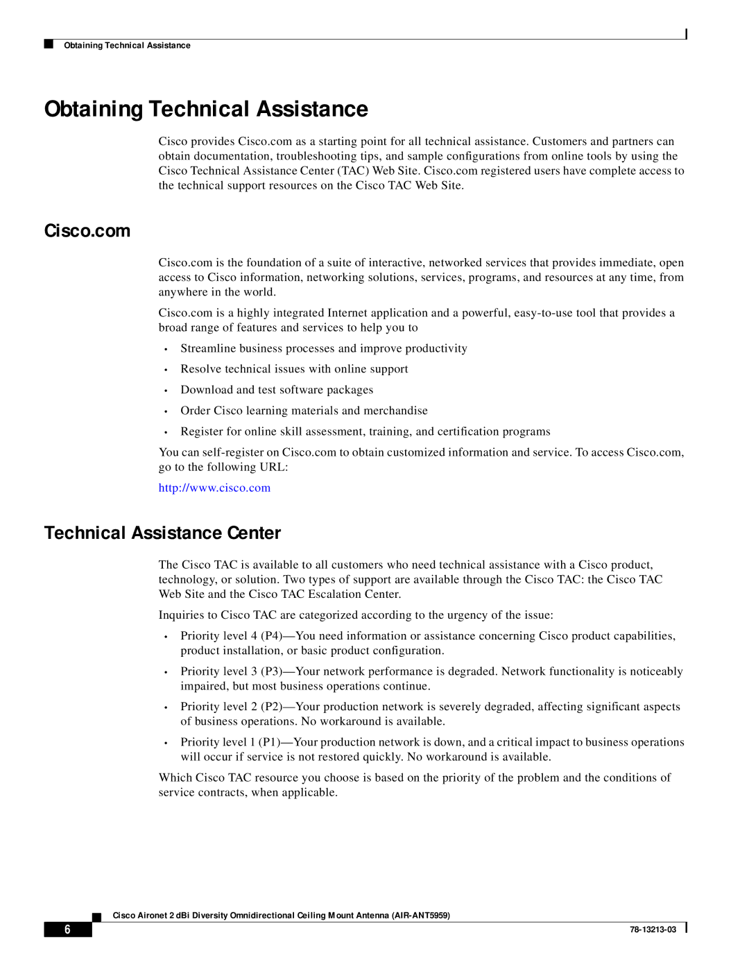 Cisco Systems AIR-ANT5959 technical specifications Obtaining Technical Assistance, Cisco.com, Technical Assistance Center 