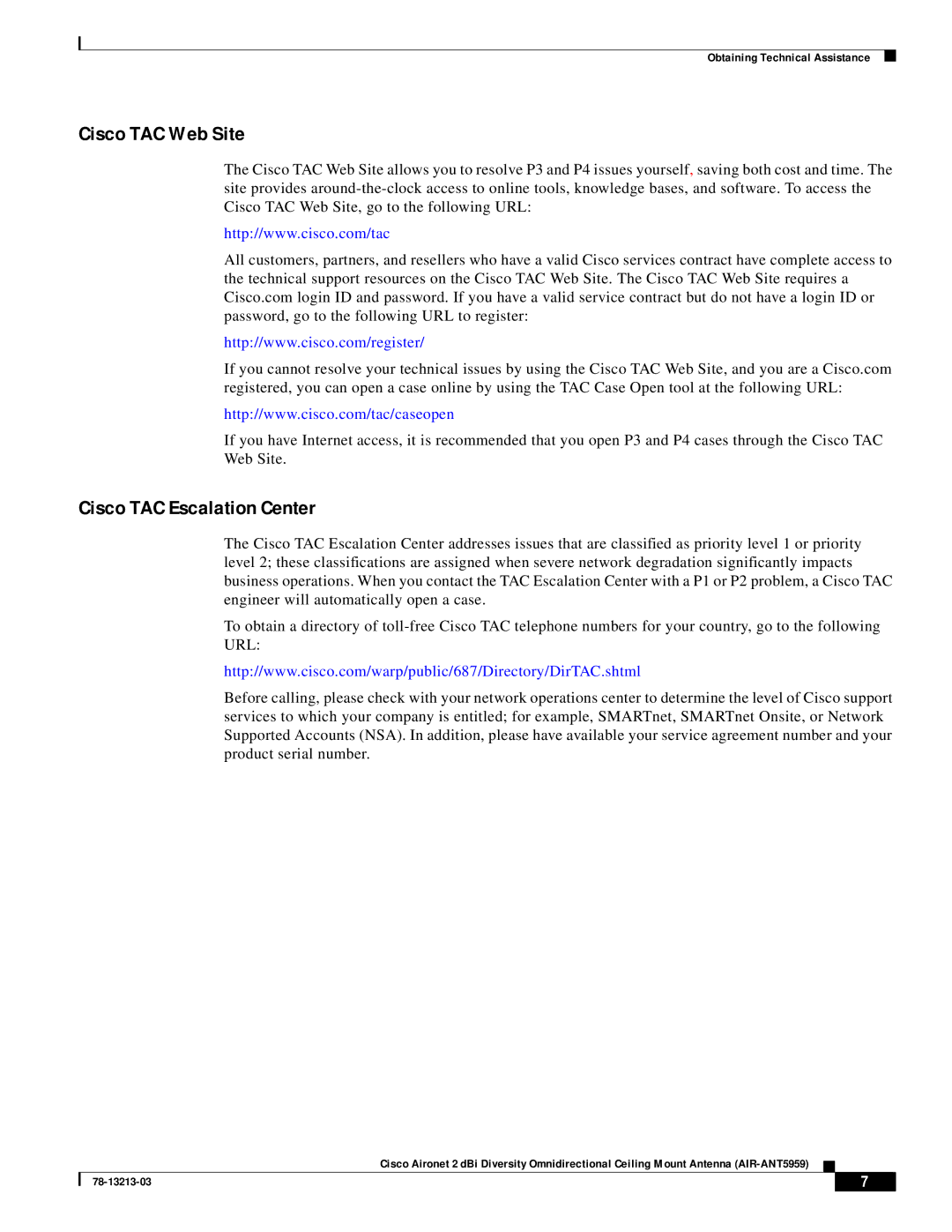 Cisco Systems AIR-ANT5959 technical specifications Cisco TAC Web Site 