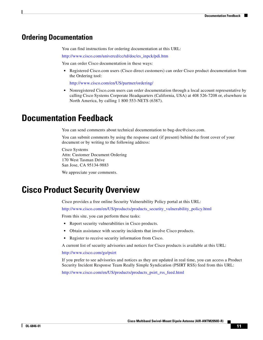 Cisco Systems AIR-ANTM2050D-R warranty Documentation Feedback, Cisco Product Security Overview, Ordering Documentation 