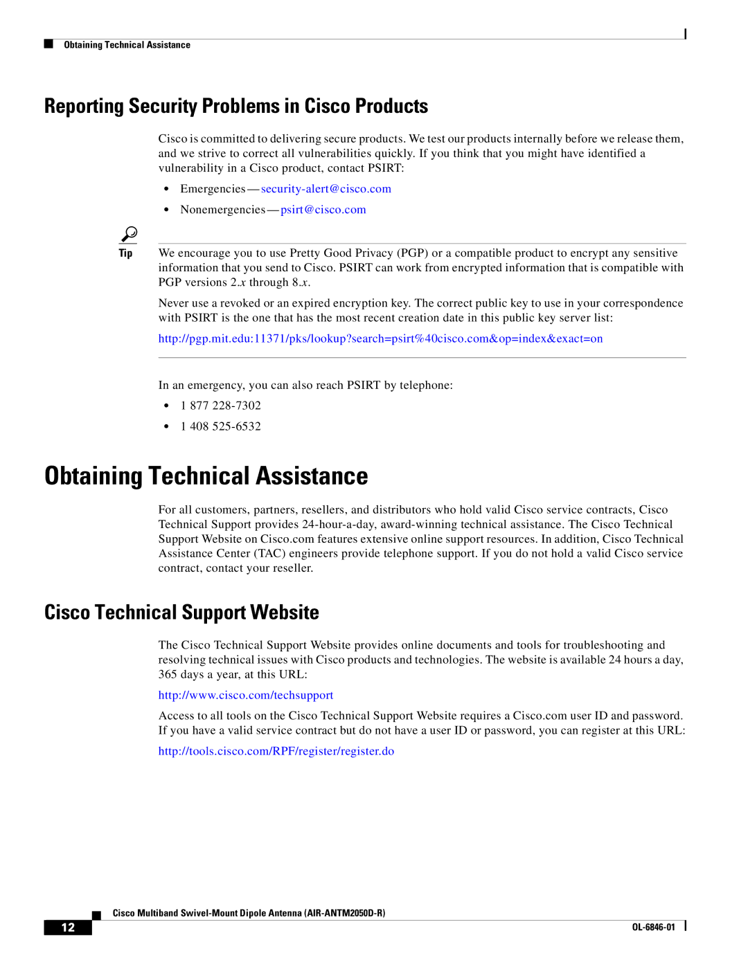 Cisco Systems AIR-ANTM2050D-R warranty Obtaining Technical Assistance, Reporting Security Problems in Cisco Products 