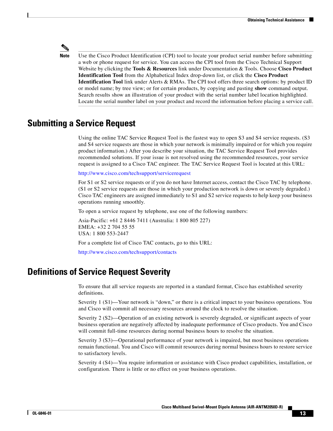 Cisco Systems AIR-ANTM2050D-R warranty Submitting a Service Request, Definitions of Service Request Severity 