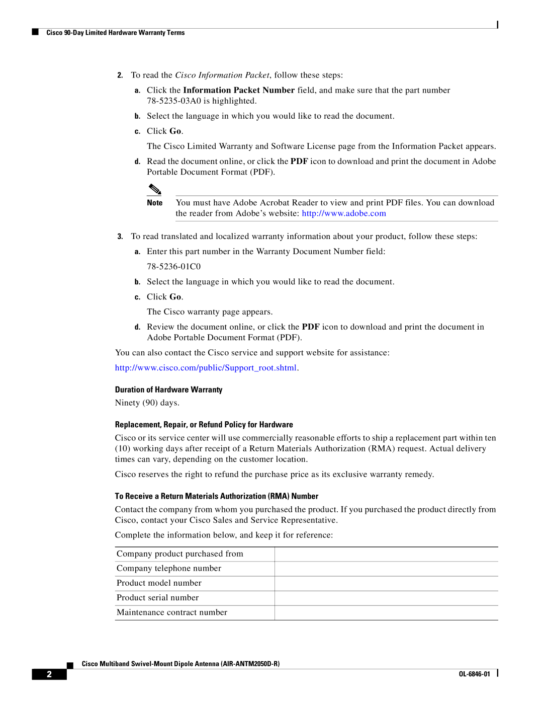 Cisco Systems AIR-ANTM2050D-R warranty Duration of Hardware Warranty, Replacement, Repair, or Refund Policy for Hardware 