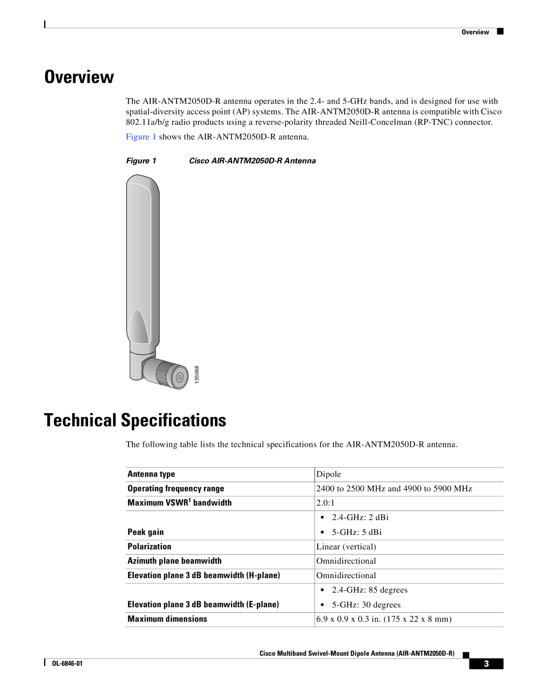 Cisco Systems AIR-ANTM2050D-R warranty Overview, Technical Specifications 