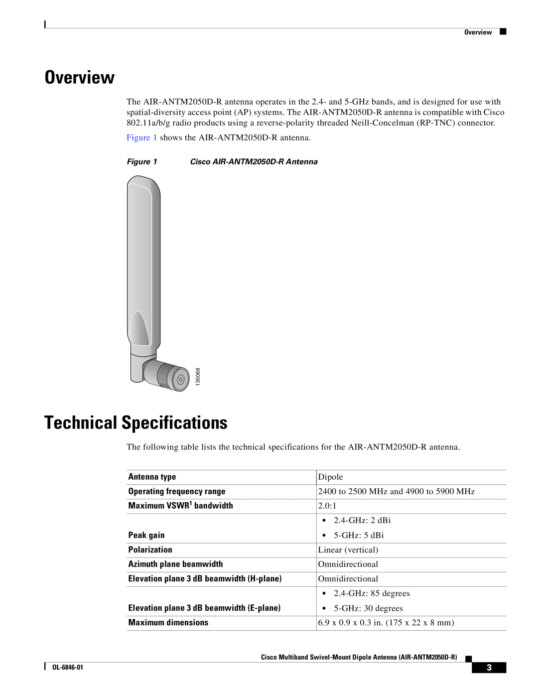 Cisco Systems AIR-ANTM2050D-R Overview, Technical Specifications, Antenna type, Operating frequency range, Peak gain 