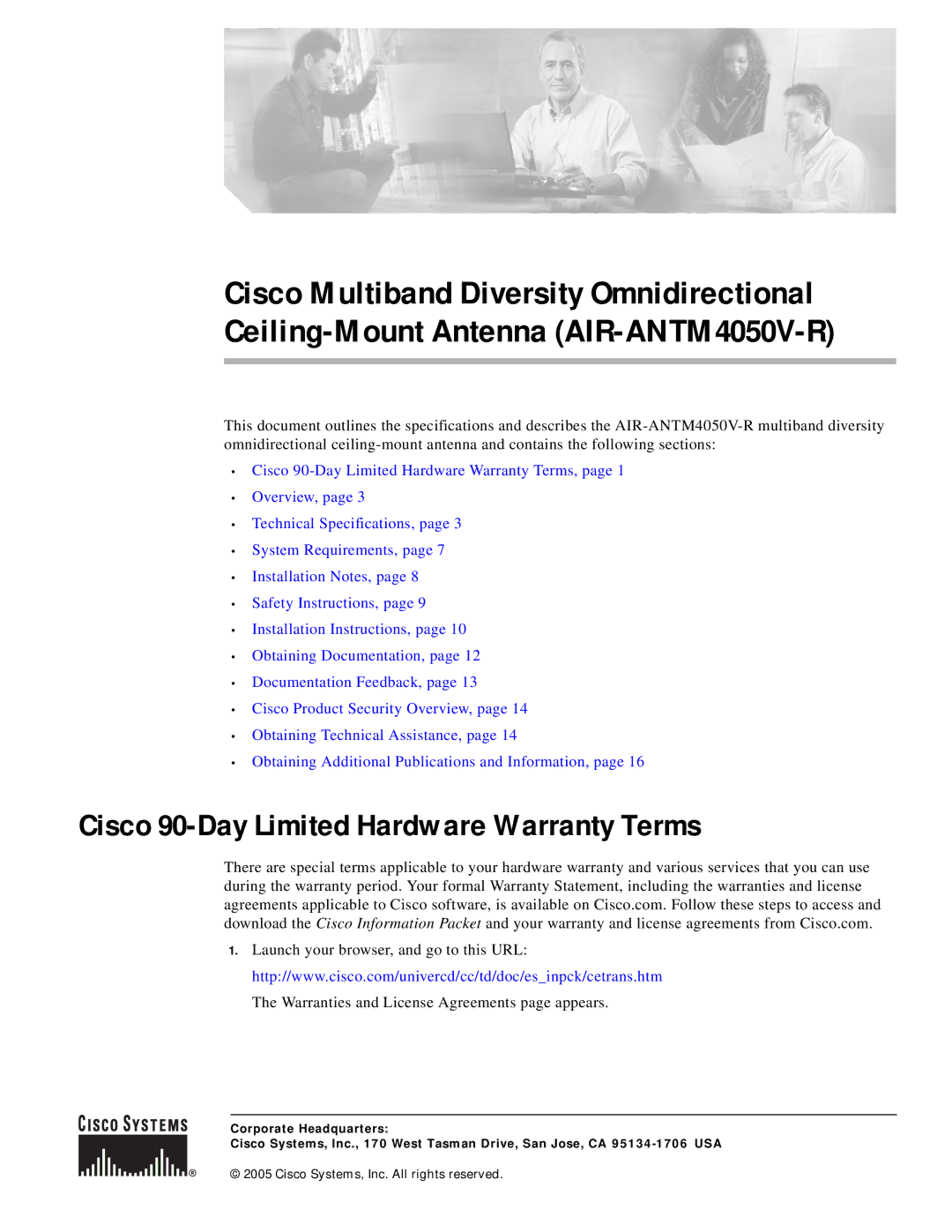 Cisco Systems AIR-ANTM4050V-R warranty Cisco 90-Day Limited Hardware Warranty Terms 