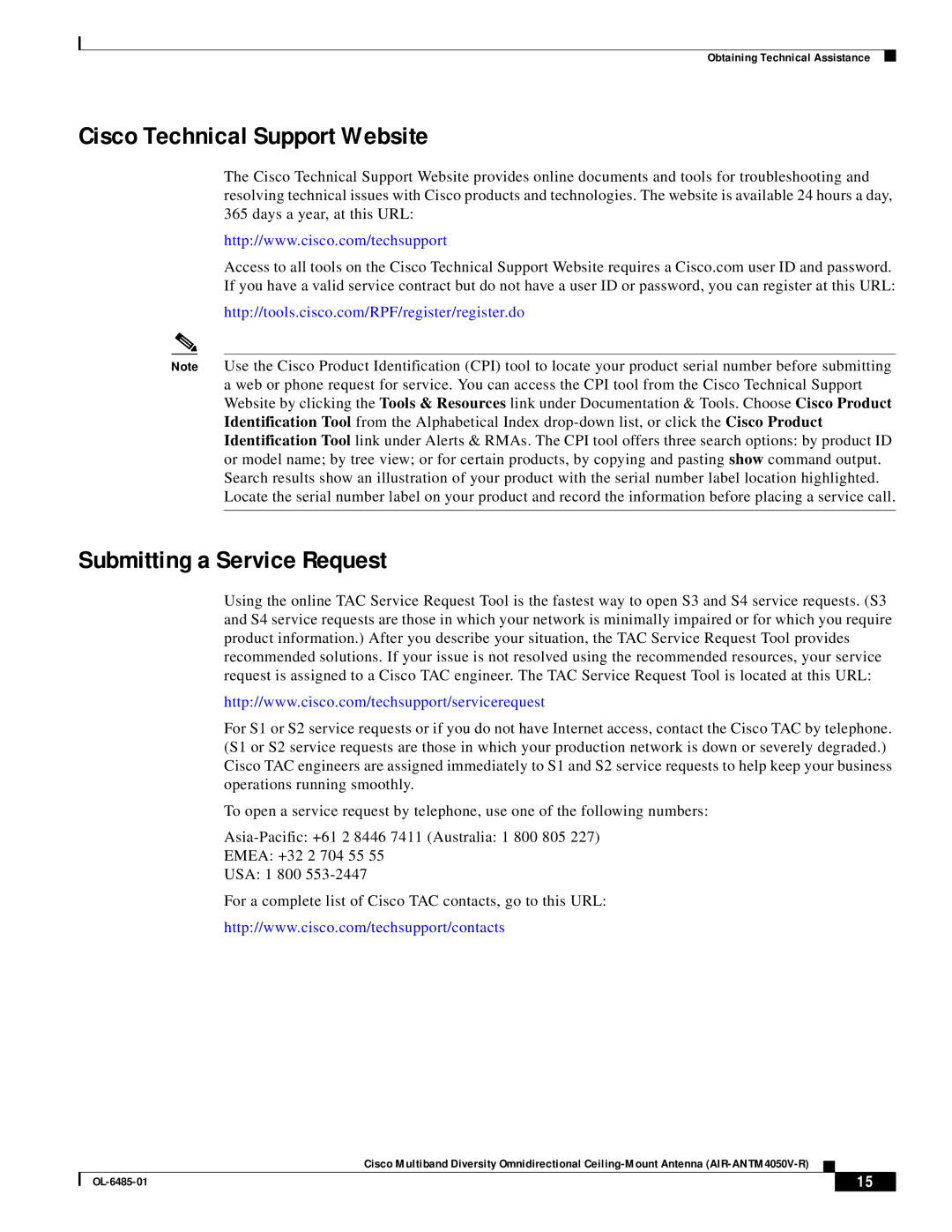 Cisco Systems AIR-ANTM4050V-R warranty Cisco Technical Support Website, Submitting a Service Request 