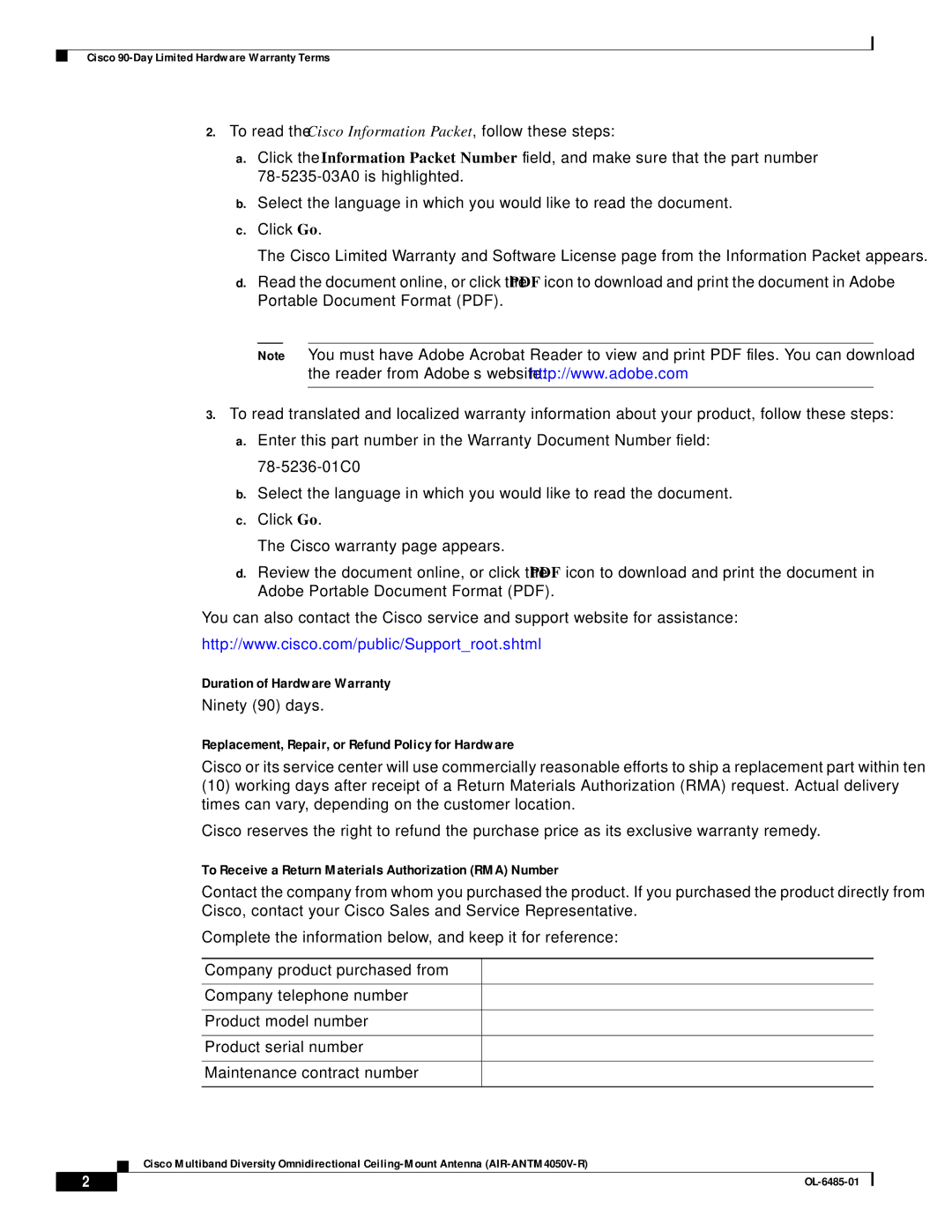 Cisco Systems AIR-ANTM4050V-R warranty Duration of Hardware Warranty, Replacement, Repair, or Refund Policy for Hardware 