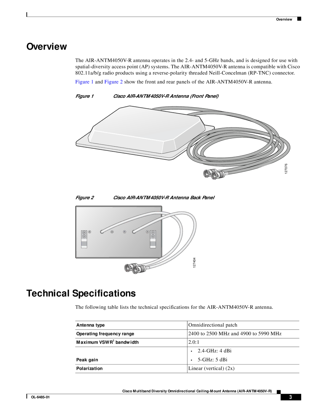 Cisco Systems AIR-ANTM4050V-R warranty Overview, Technical Specifications 