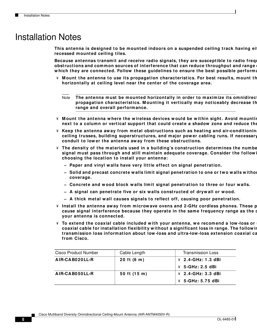 Cisco Systems AIR-ANTM4050V-R warranty Installation Notes, Cisco Product Number Cable Length Transmission Loss 