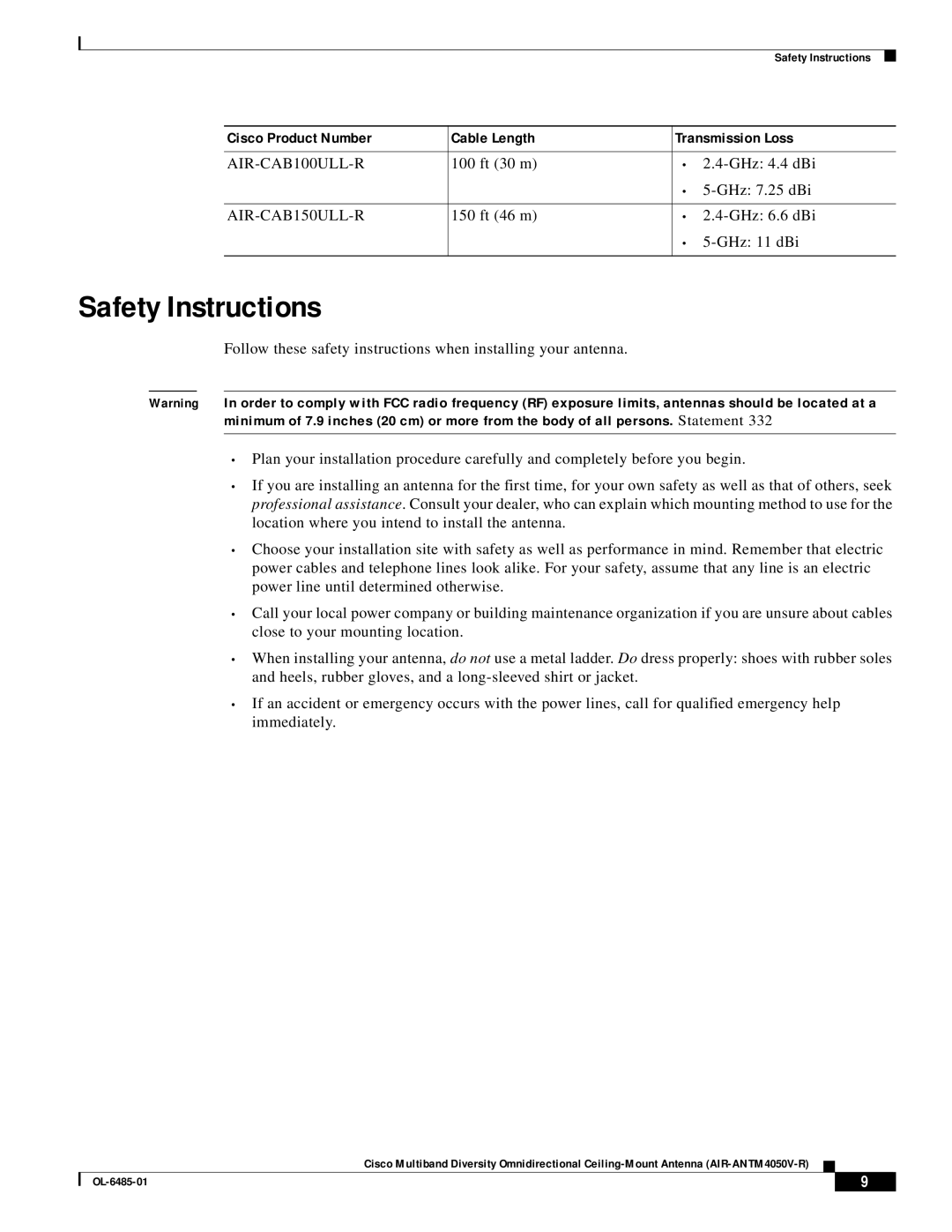 Cisco Systems AIR-ANTM4050V-R warranty Safety Instructions 