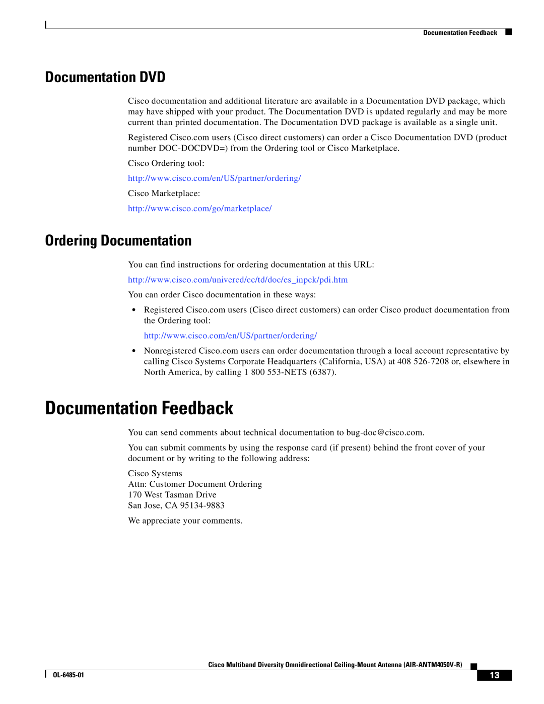 Cisco Systems AIR-ANTM4050V-R warranty Documentation Feedback, Documentation DVD, Ordering Documentation 