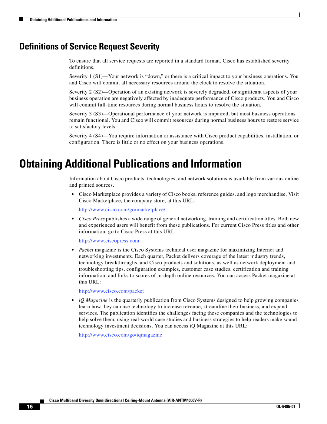 Cisco Systems AIR-ANTM4050V-R Obtaining Additional Publications and Information, Definitions of Service Request Severity 