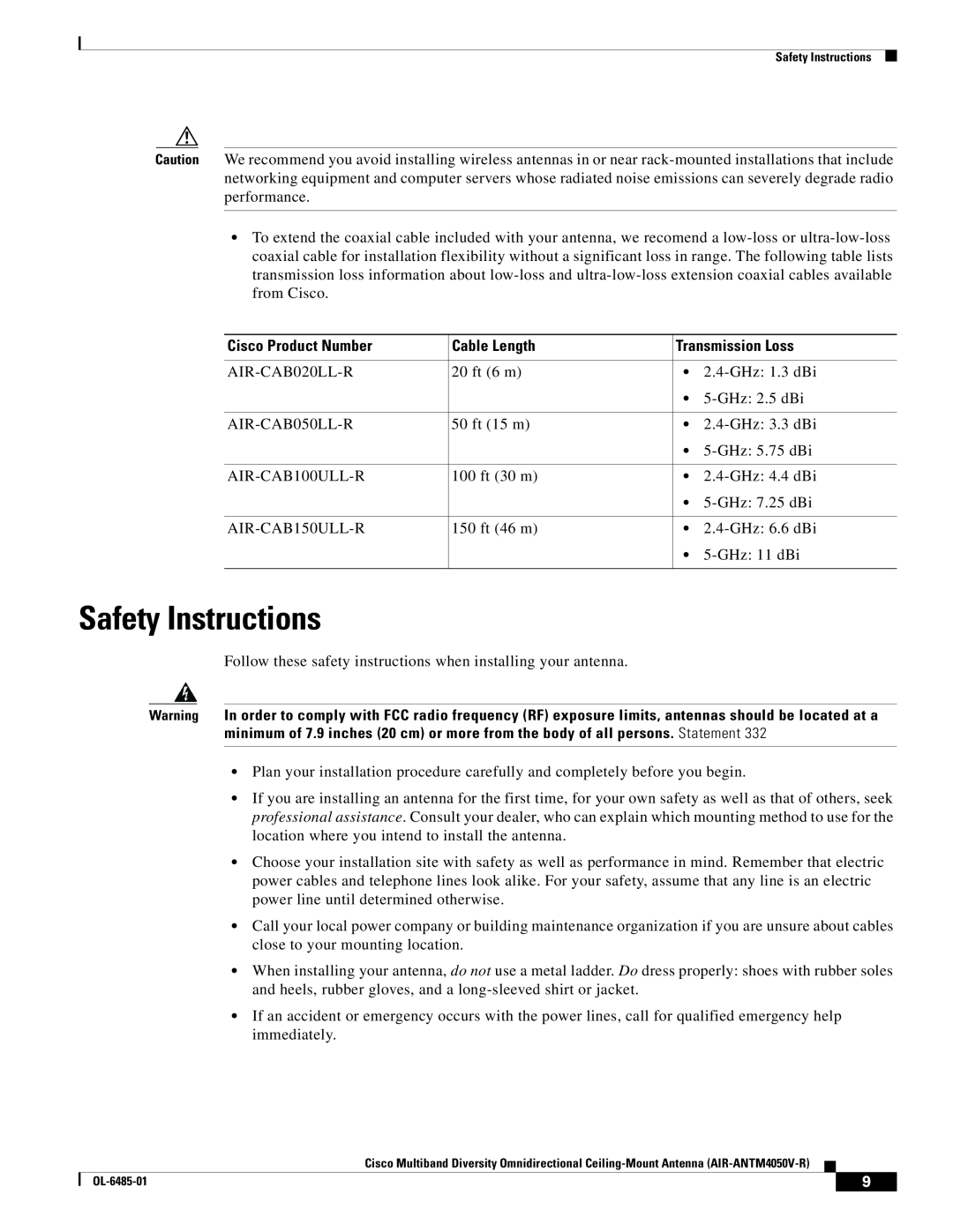 Cisco Systems AIR-ANTM4050V-R warranty Safety Instructions, Cisco Product Number, Cable Length, Transmission Loss 