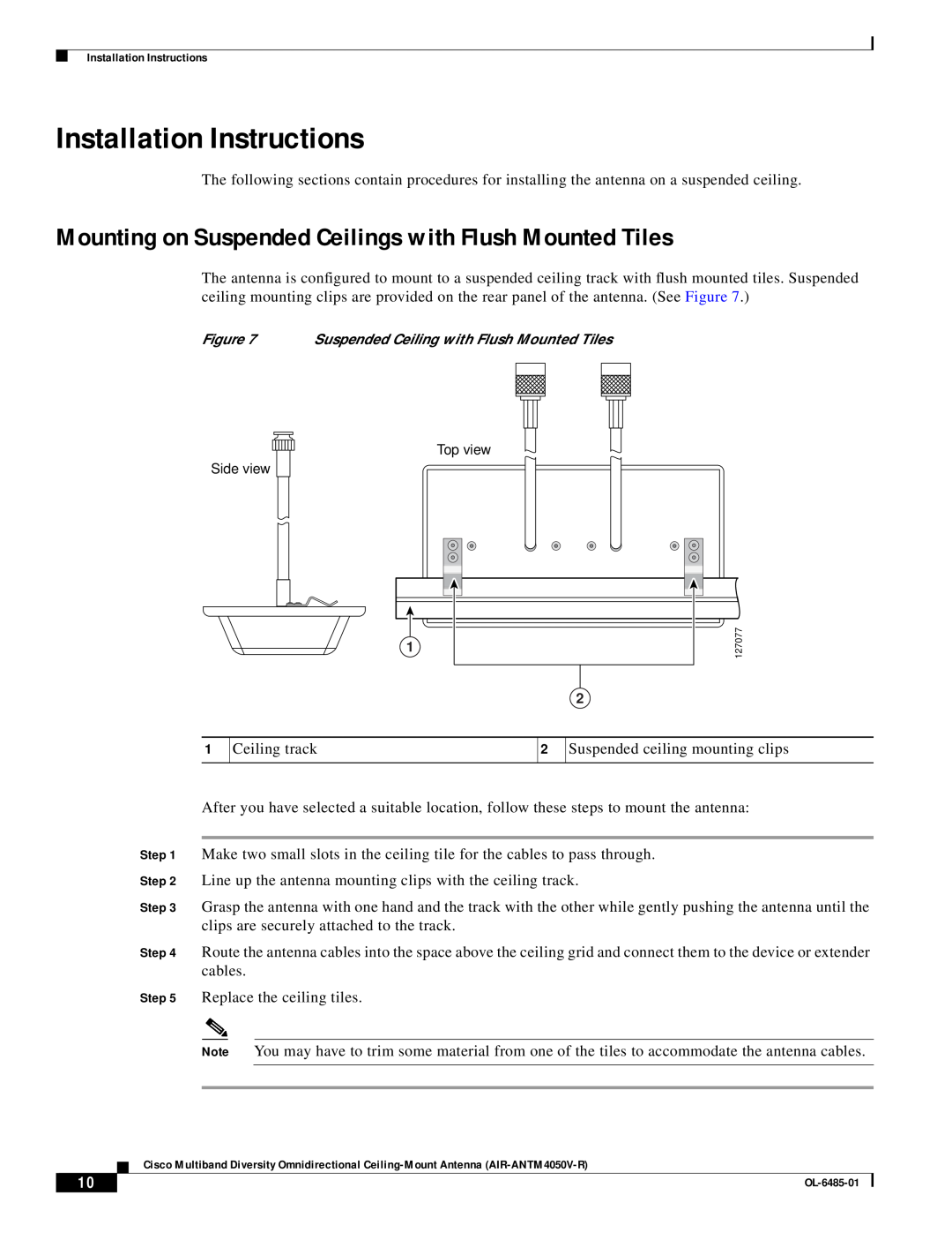 Cisco Systems AIR-ANTM4050V-R warranty Installation Instructions, Mounting on Suspended Ceilings with Flush Mounted Tiles 
