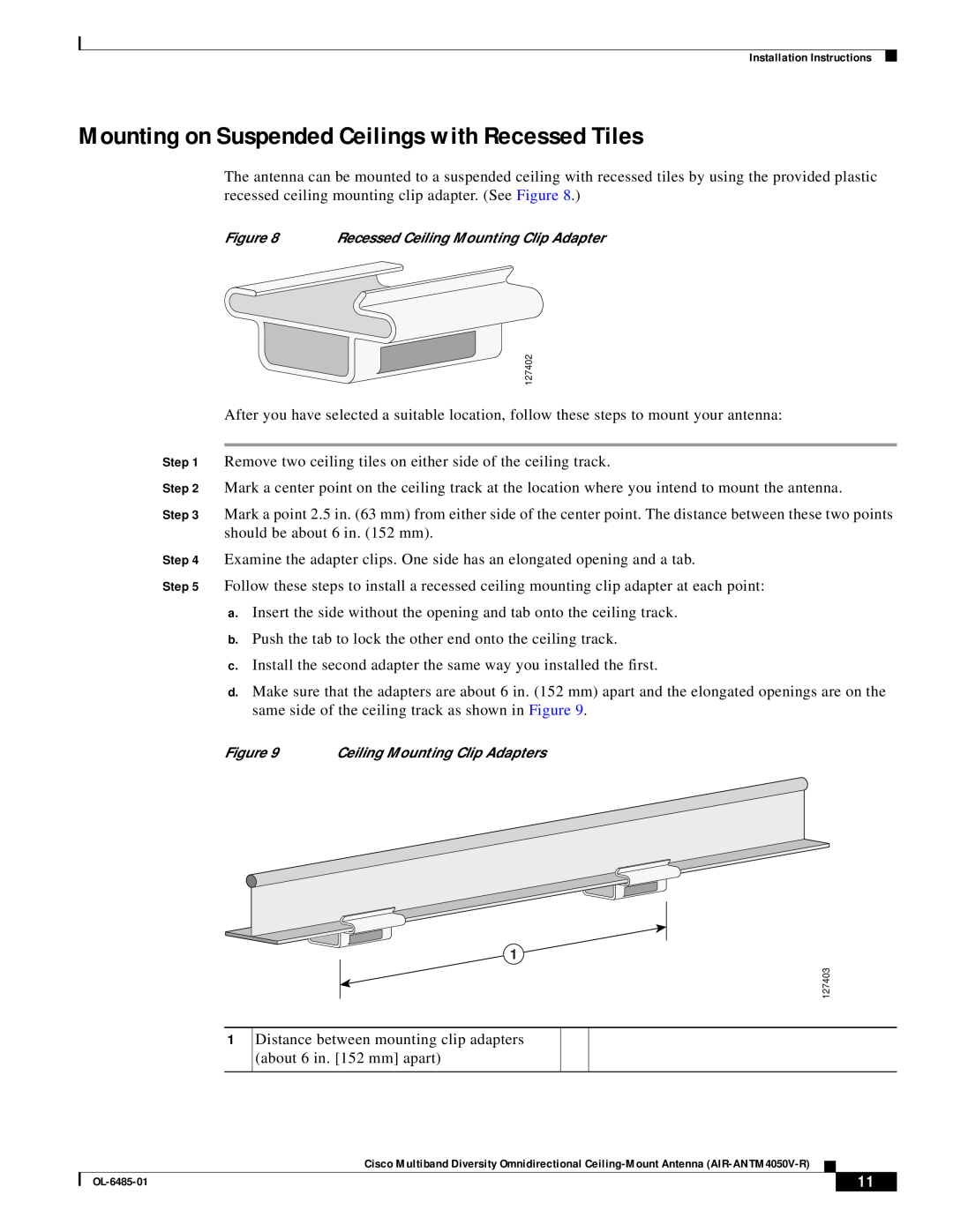 Cisco Systems AIR-ANTM4050V-R warranty Mounting on Suspended Ceilings with Recessed Tiles 
