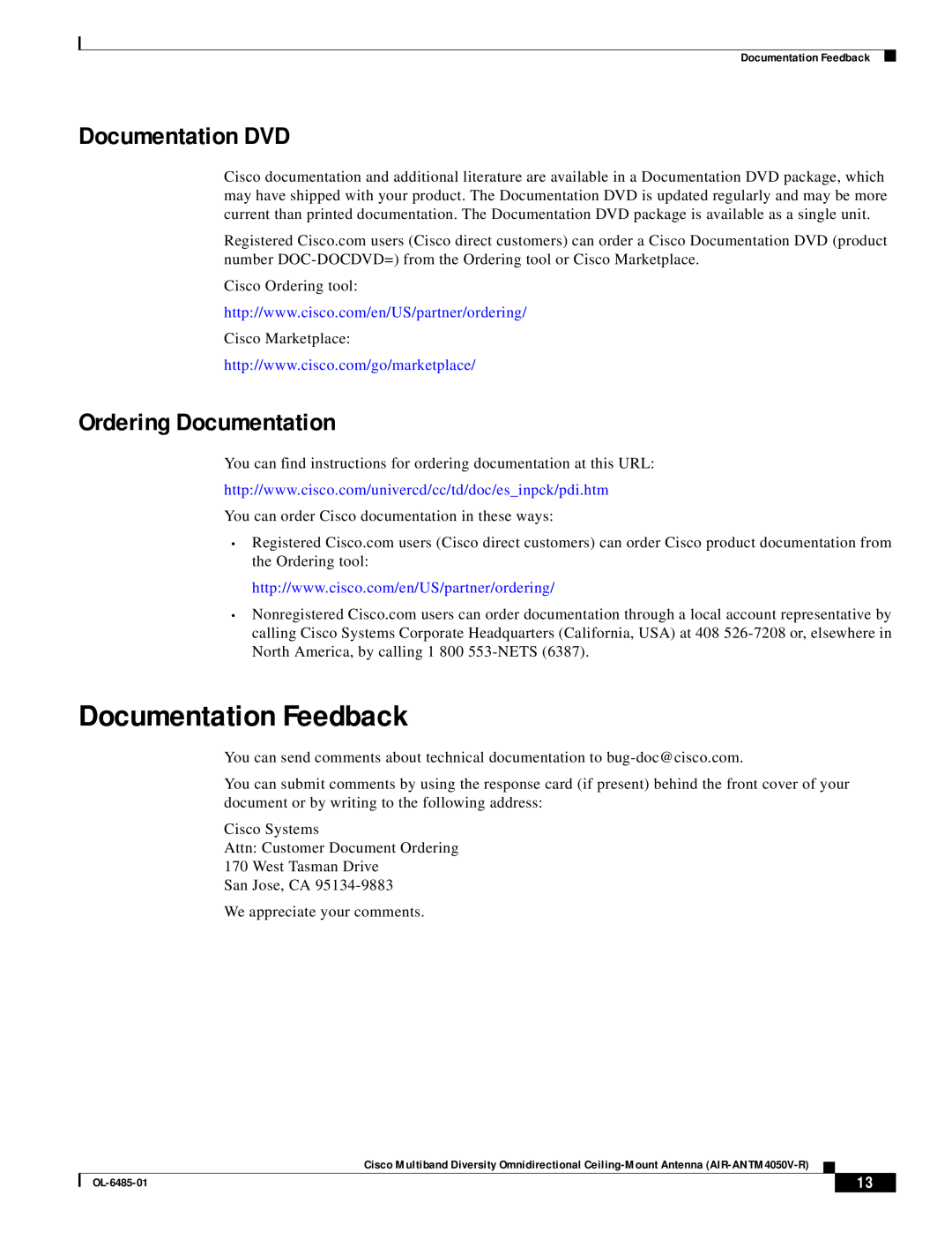 Cisco Systems AIR-ANTM4050V-R warranty Documentation Feedback, Documentation DVD, Ordering Documentation 