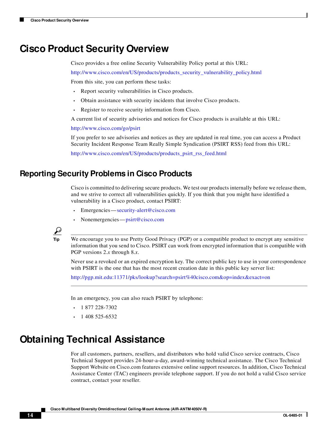 Cisco Systems AIR-ANTM4050V-R warranty Cisco Product Security Overview, Obtaining Technical Assistance 