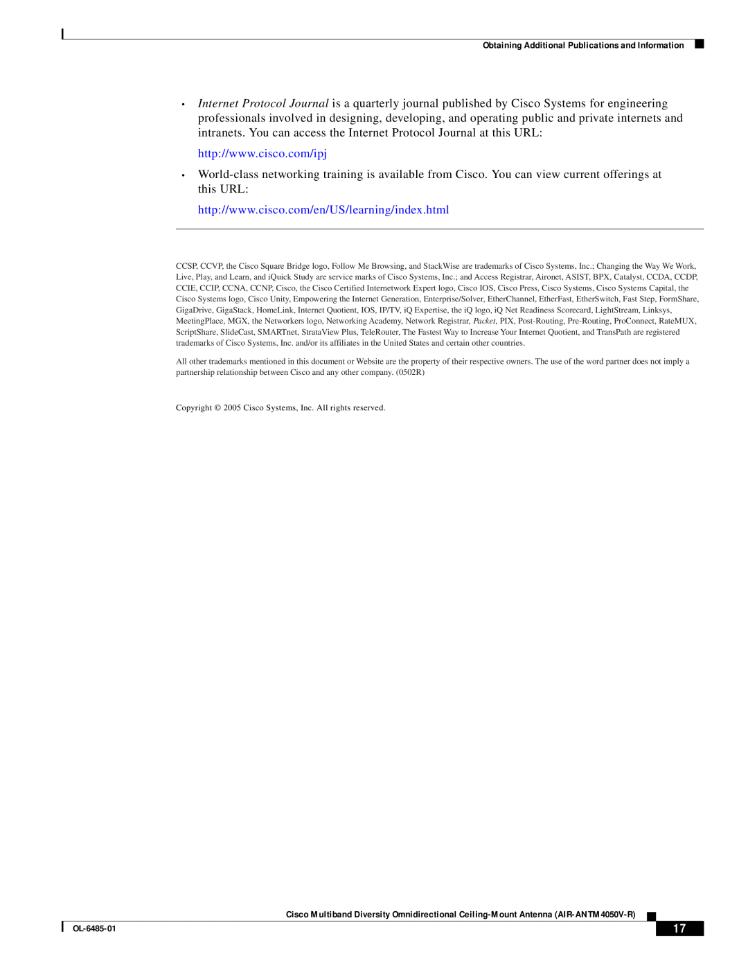 Cisco Systems AIR-ANTM4050V-R warranty Copyright 2005 Cisco Systems, Inc. All rights reserved 