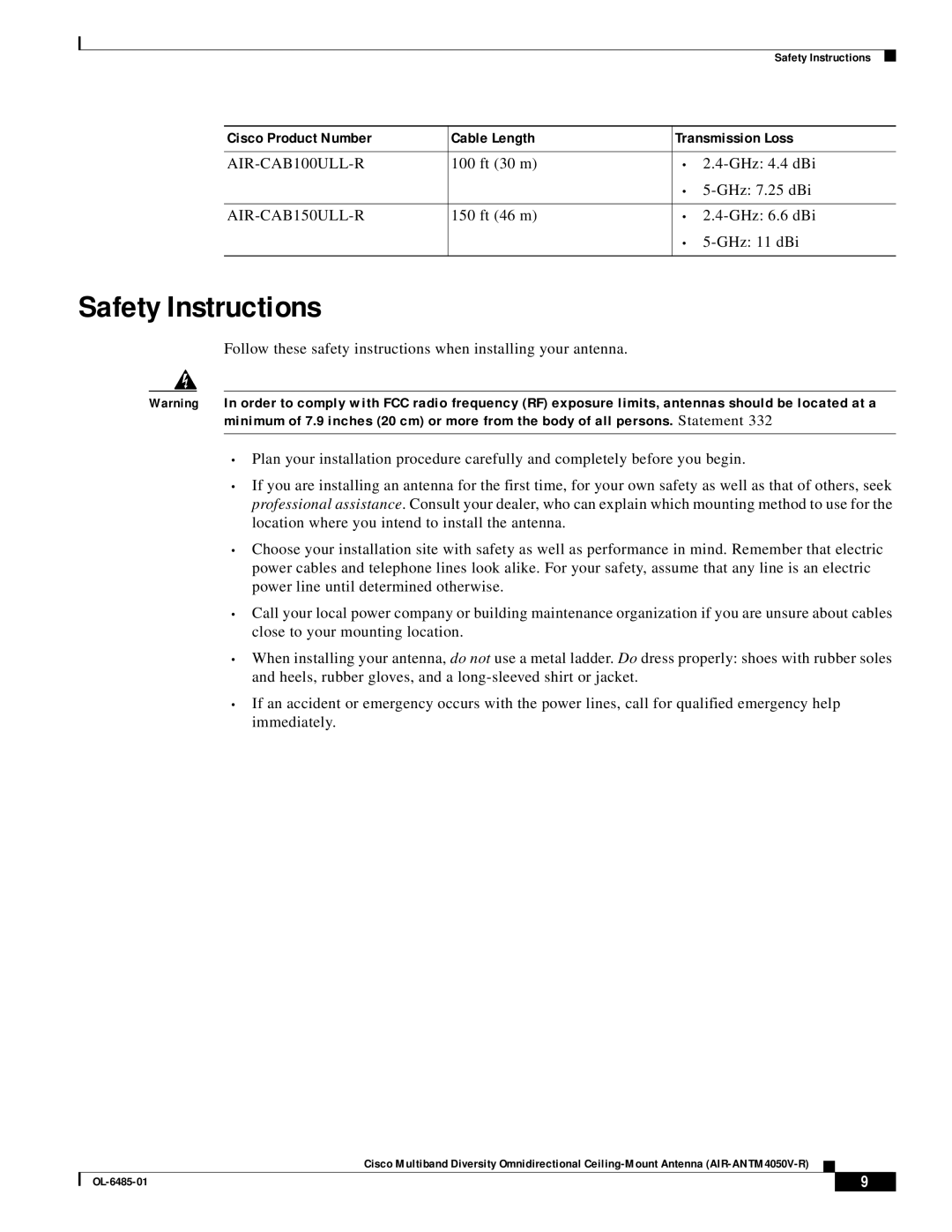Cisco Systems AIR-ANTM4050V-R warranty Safety Instructions 