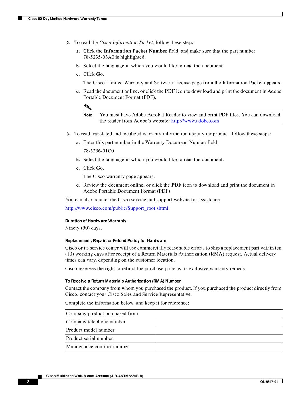 Cisco Systems AIR-ANTM5560P-R warranty Duration of Hardware Warranty, Replacement, Repair, or Refund Policy for Hardware 