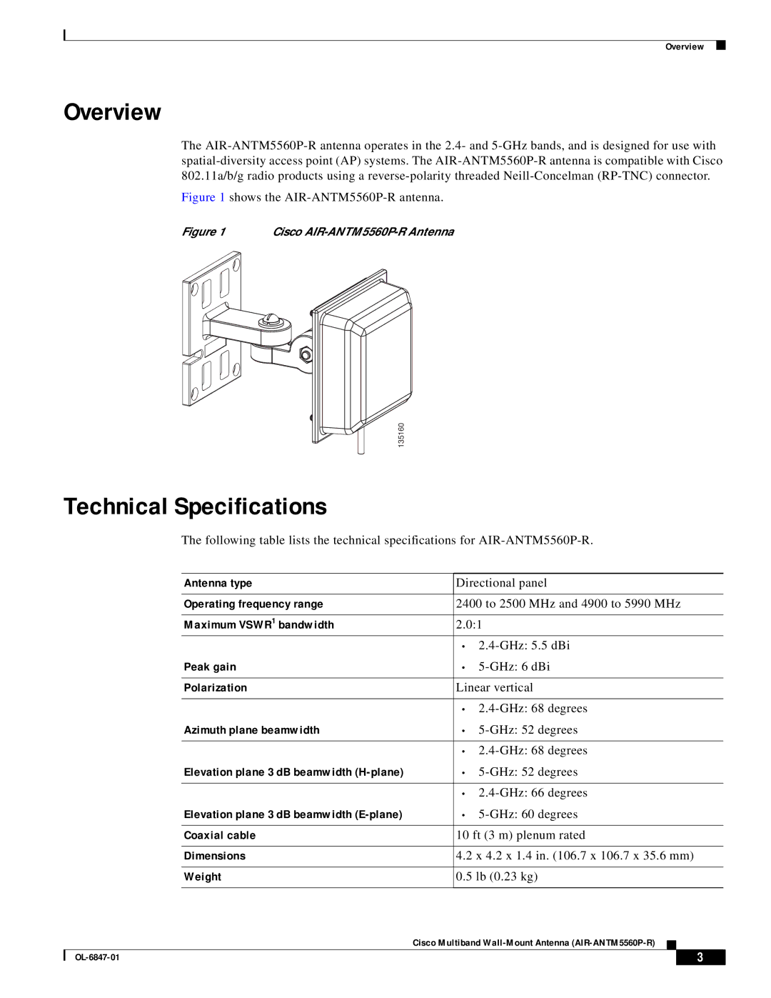 Cisco Systems AIR-ANTM5560P-R warranty Overview, Technical Specifications 