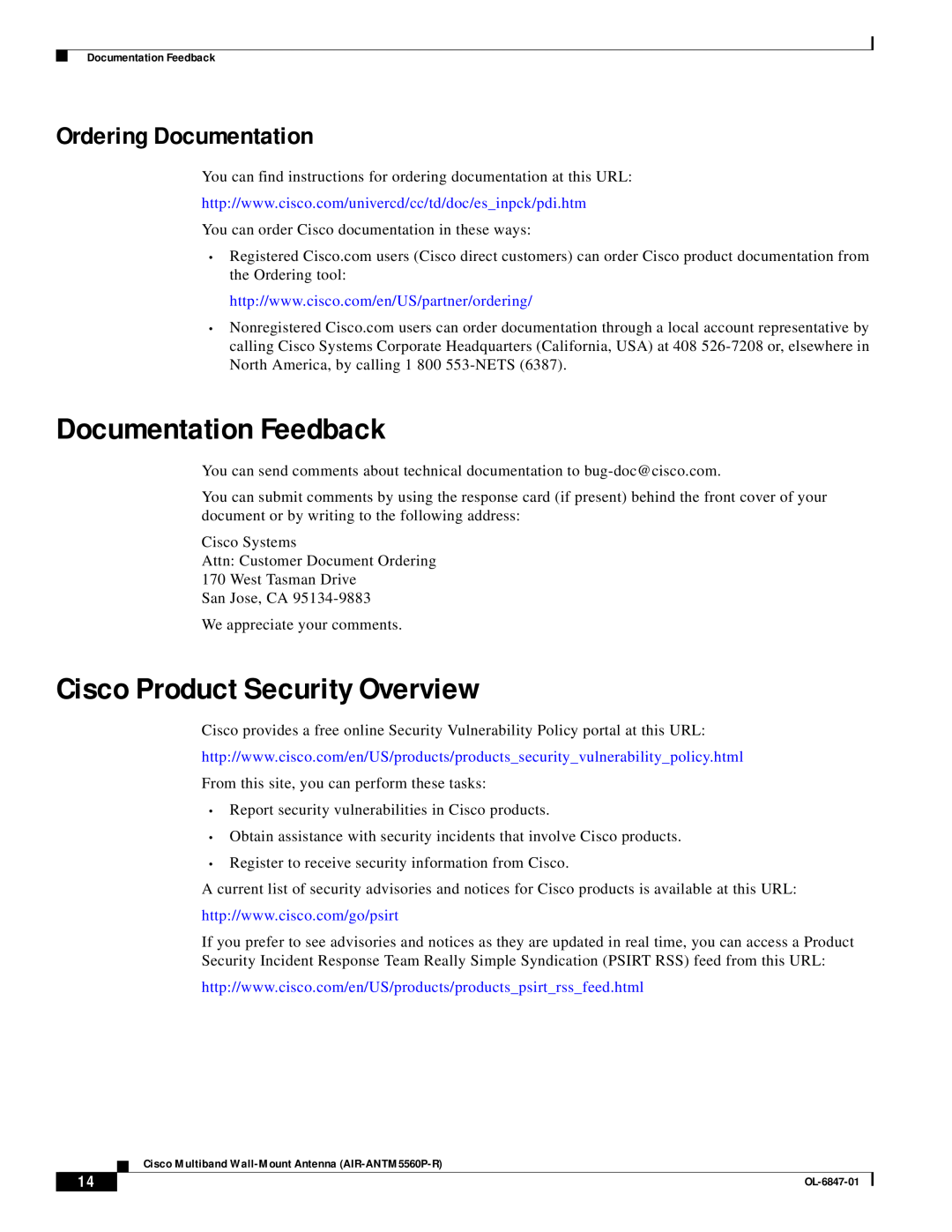 Cisco Systems AIR-ANTM5560P-R warranty Documentation Feedback, Cisco Product Security Overview, Ordering Documentation 