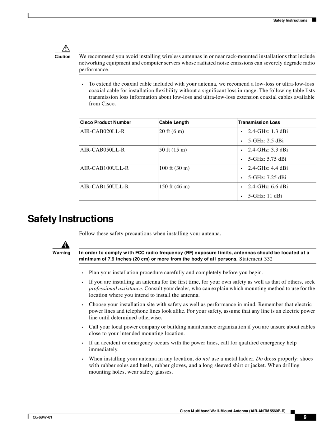 Cisco Systems AIR-ANTM5560P-R warranty Safety Instructions, Cisco Product Number, Cable Length, Transmission Loss 