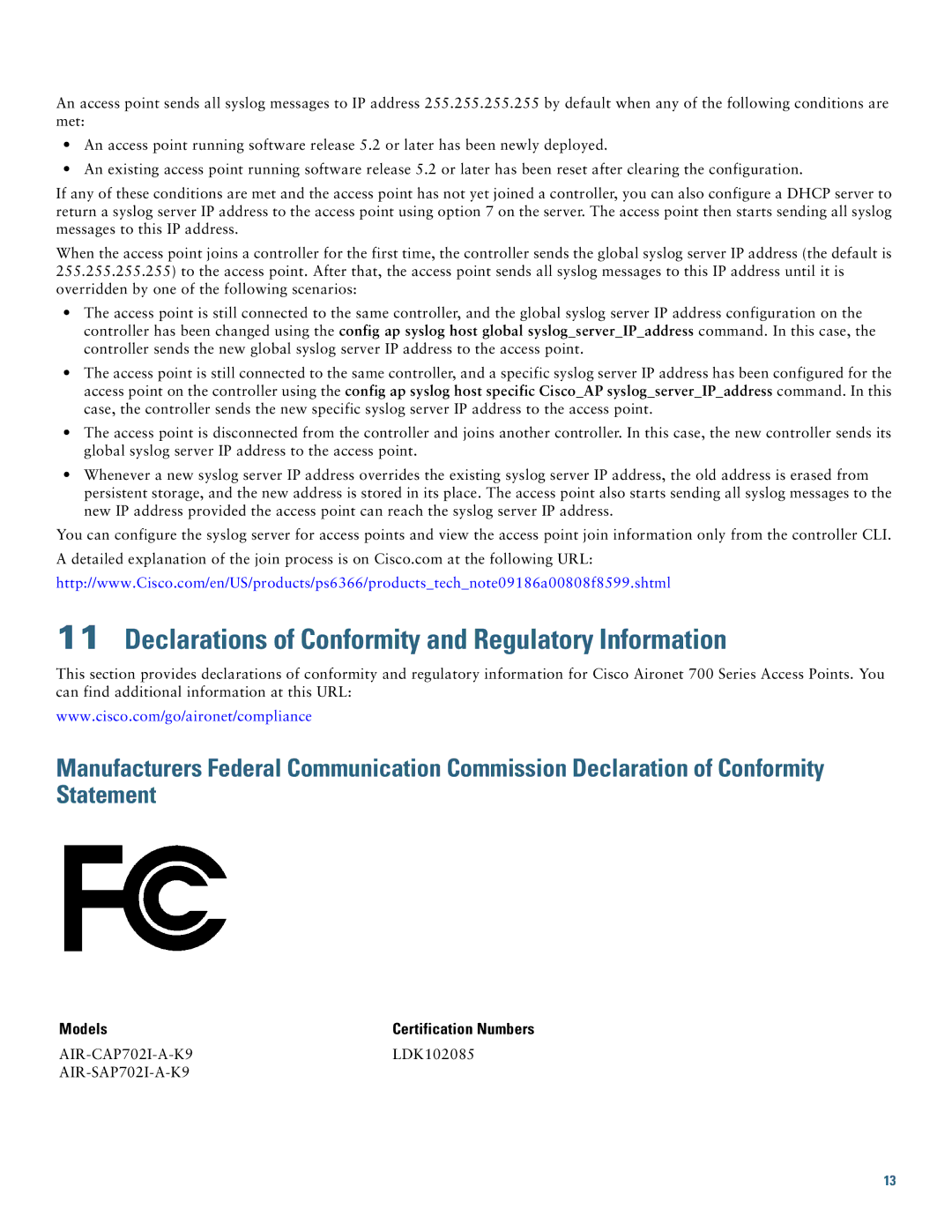 Cisco Systems AIR-CAP702I-x-K9 specifications Declarations of Conformity and Regulatory Information, Models 