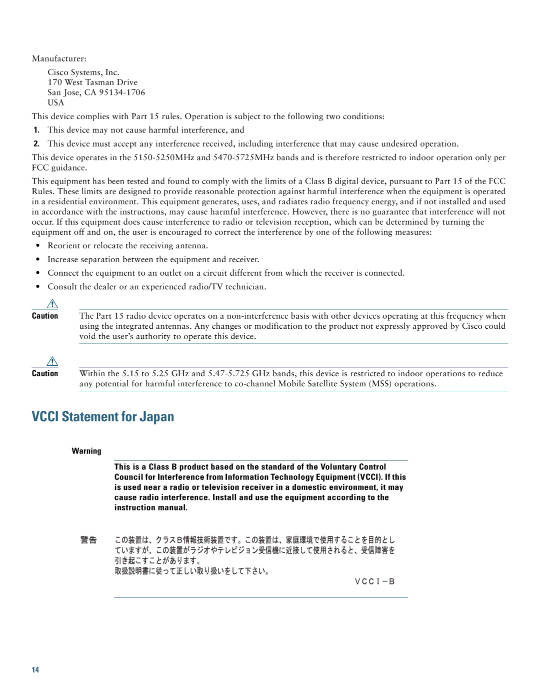 Cisco Systems AIR-CAP702I-x-K9 specifications Vcci Statement for Japan, Usa 