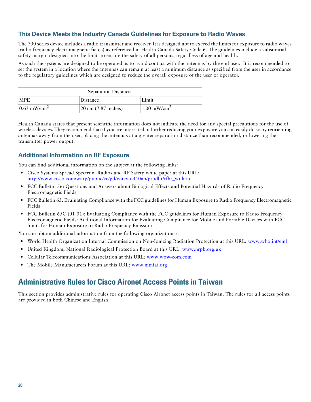 Cisco Systems AIR-CAP702I-x-K9 specifications Additional Information on RF Exposure 