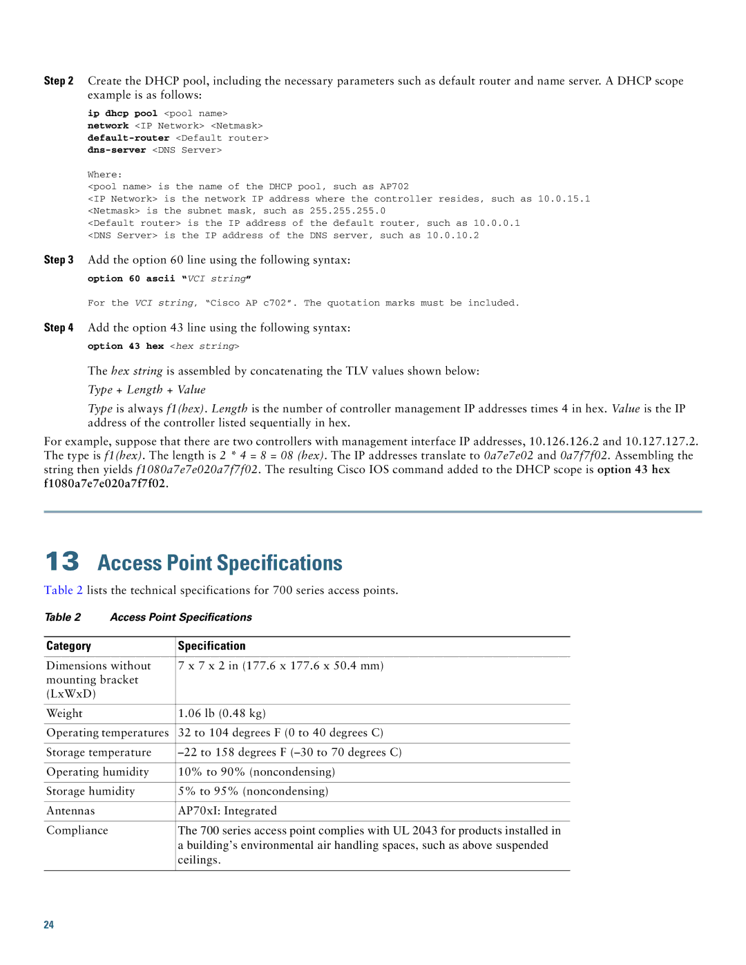 Cisco Systems AIR-CAP702I-x-K9 Access Point Specifications, Add the option 60 line using the following syntax 