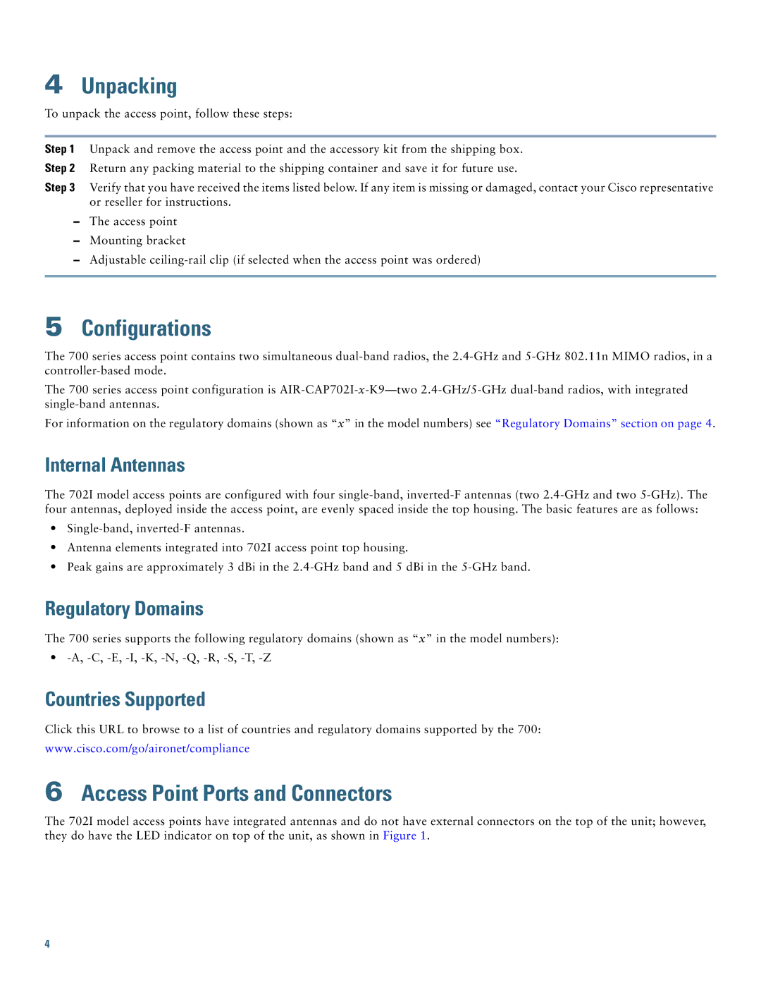 Cisco Systems AIR-CAP702I-x-K9 specifications Unpacking, Configurations, Access Point Ports and Connectors 